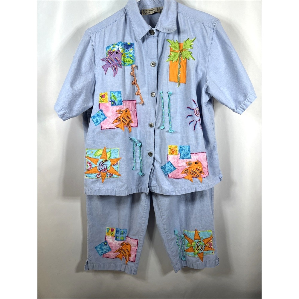New Direction Vintage Blue‎ 2-Piece 100% Cotton Tropical Shirt & Capri Size XL